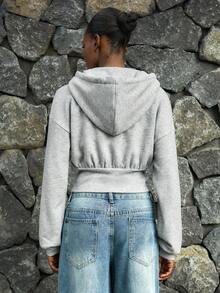 Lumivelle 女士休闲时尚年轻简约百搭修身连帽拉链短款腰部运动衫，秋冬 - 灰色 - 查看 2