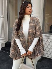 SHEIN LUNE Plus Size Plaid Print Cutout Cloak Button Decor Elegant Casual Jacket Fall Winter Cloth For Women Autumn - Brown - View 4