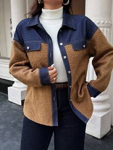 Easura Áo khoác tay dài ấm áp chắp vá cỡ lớn - màu nâu - Xem 3