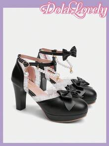 Dola Lovely Zapatos de tacón alto estilo Lolita con decoración de perla y lazo, zapatos de plataforma de punta redonda estilo princesa dulce para mujer - Negro - Ver 7