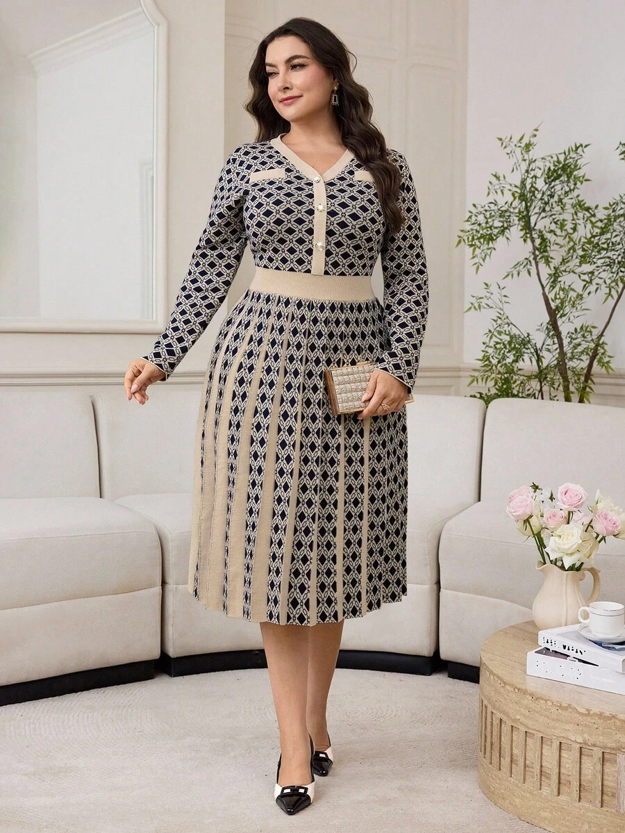Modelyn 秋季大码女式几何图案V领长袖优雅针织连衣裙 - 藏蓝色 - 查看 1