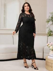 Modelyn Plus Size Women Floral Lace Round Neck Long Sleeve Fitted Elegant Dress - Black - View 4