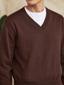 Manfinity Homme Áo len cổ chữ V màu trơn đa năng thường ngày cho nam Áo len tông màu đất Áo len nam màu nâu, Thu Đông - Nhiều màu - Xem 5