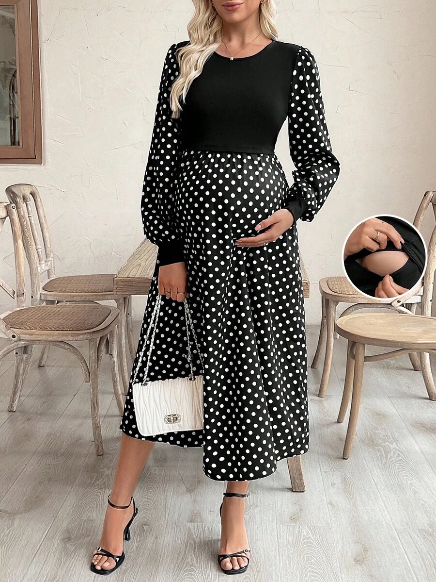 SHEIN 休闲宽松长袖圆领舒适哺乳连衣裙 - 黑色 - 查看 1