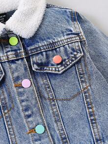 SHEIN 1 Set Girls Denim Outfit,New Autumn/Winter Collection,Light Blue Denim,Casual Style,Multi-Color Buttons,Furry Collar&Cuffs,Fitted,Back-To-School New - Light Wash - View 5