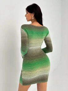 Rafferiza Nuovo stile blogger europeo e americano, elegante abito corto in filato sfumato, aderente, con spalle oblique e collo rotondo, manica lunga. Abiti eleganti da donna per feste ed eventi eleganti. Abiti eleganti e chic per l'autunno e l'inverno, adatti per uscire, lavoro, tempo libero e ogni occasione. - Multicolore - Visualizzare 3