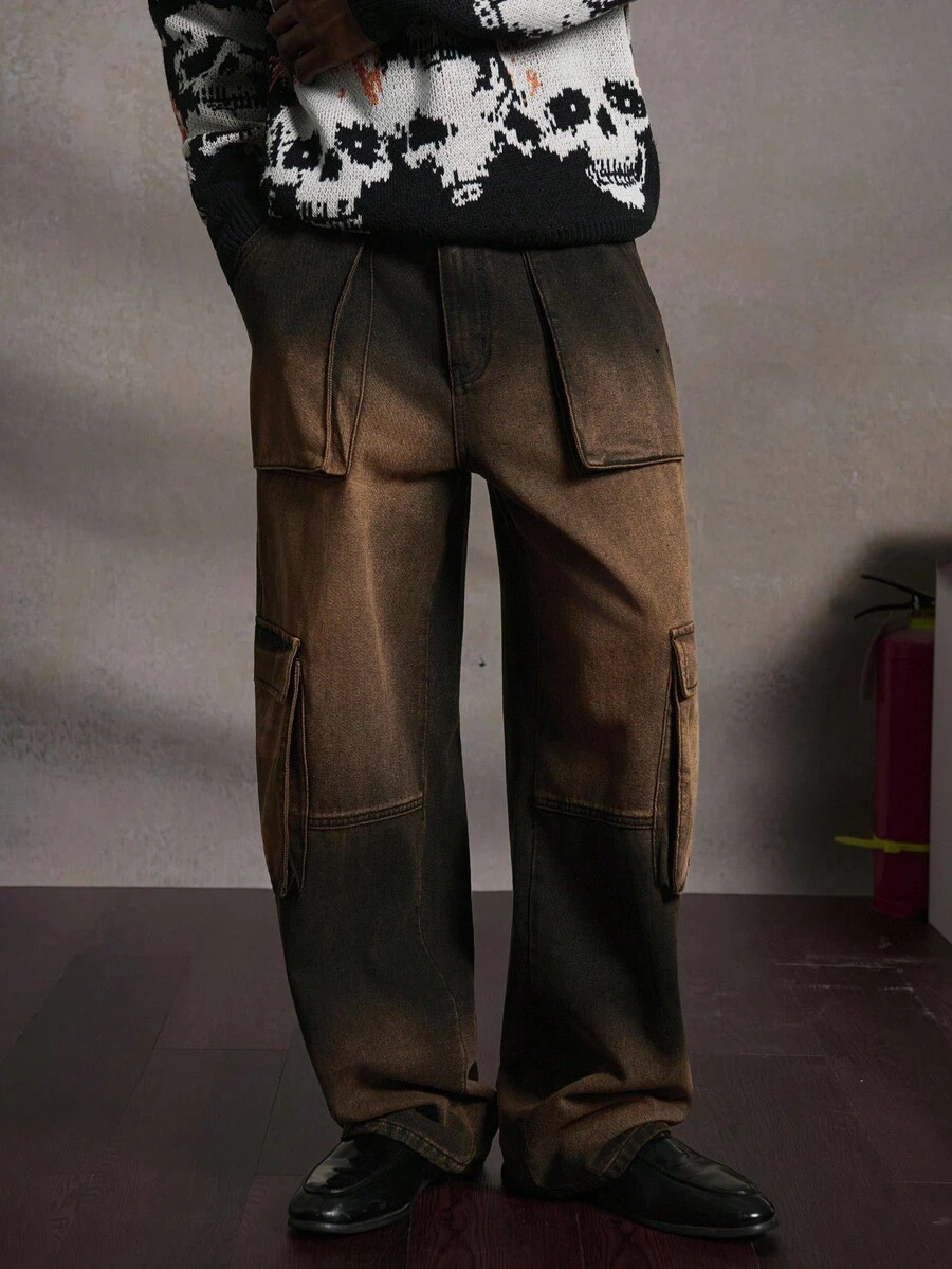 PAVTROS Quần Jeans Cargo Màu Chuyển Sắc Giặt Cho Nam Phong Cách Halloween Ngày Lễ Các Thánh, Phong Cách Grunge - Màu Đỏ Sâu - Xem 1