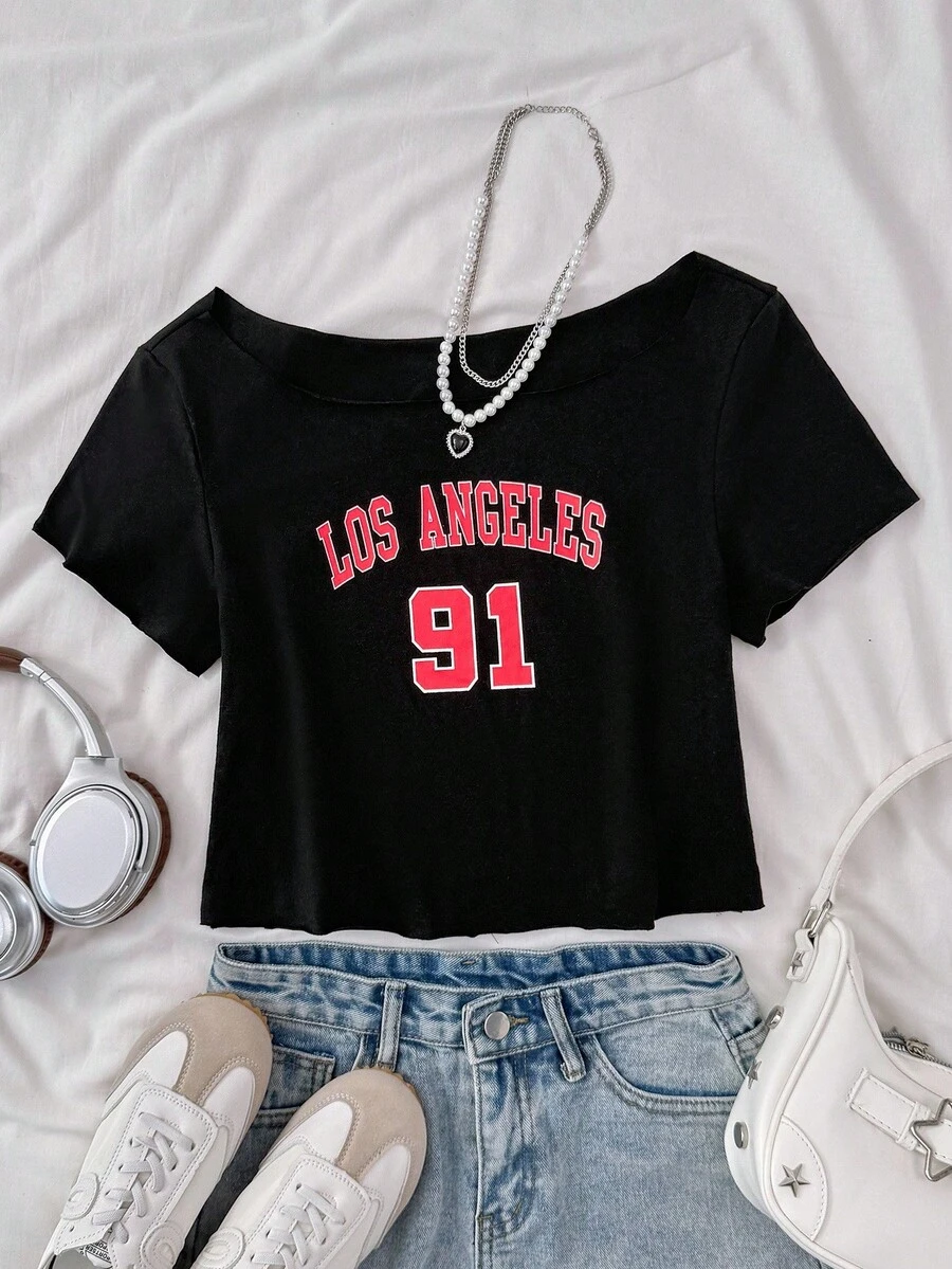 SHEIN 少女休闲皇家黑色针织标语露肩印花短款短袖修身上衣，春夏季，清凉，基本款，日常，百搭，运动时尚夏季上衣，开学季，校服~ - 黑色 - 查看 1