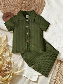 SHEIN 嬰兒男童純色鈕扣前衛衣和短褲套裝（不包含內搭） - 軍綠色 - 查看 1