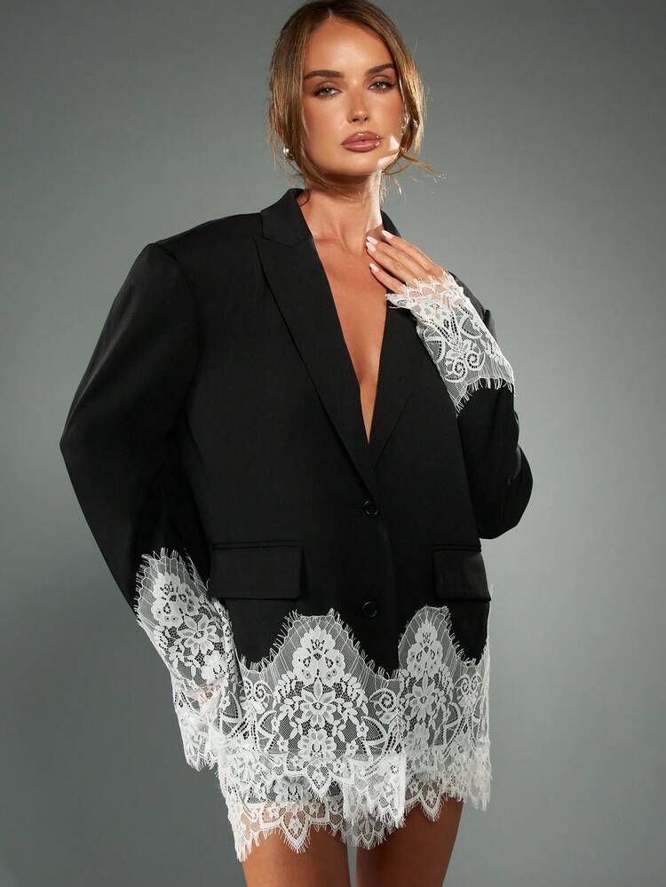 MISSGUIDED Boxy Fit Women Elegant Lace Trim Blazer Dress Long Sleeve Wedding Guest Evening Party Special Occasion Statement Oversized Blazer Business Professional Office Wear