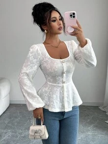 Selianne Elegant French Style Beige Embossed Jacquard Blouse With Romantic Puff Sleeves, Fitted Waist And A-Line Hem, Fashionable And Charming Design For Back To School Season, Spring/Autumn - Apricot - View 7