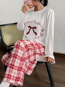 SHEIN 2 件蝴蝶结和格子印花针织长袖上衣和裤子睡衣套装，秋季服装 - 彩色 - 查看 1