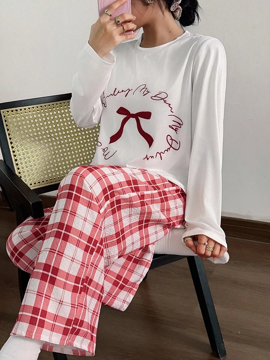 SHEIN 2 件蝴蝶结和格子印花针织长袖上衣和裤子睡衣套装,秋季服装 - 彩色 - 查看 1