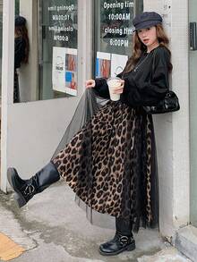 DAZY Váy dài vừa cổ tròn in họa tiết da báo, lưới vá, giản dị dành cho nữ, mùa thu - màu đen - Xem 9