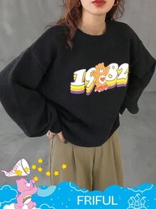 FRIFUL SHEIN X Care Bears Women's Loose Fit Crew Neck Cartoon Pattern Thermal Lined Thick Sweater - Black - View 4