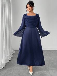Modelyn 大码女式撞色拼接垂坠领收腰 A 字长袖连衣裙，时尚蓝色，秋冬 - 藏蓝色 - 查看 7