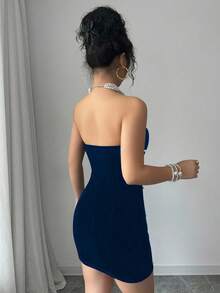 Elenzga 万圣节服装黑色露肩珍珠腰天鹅绒优雅浪漫女士连衣裙 - 藏蓝色 - 查看 2