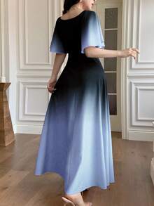 Modelyn 女式黑色和粉色渐变色蝙蝠印花褶饰短袖甜美法式夏装 - 藍色 - 查看 2