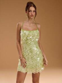 SHEIN BAE Váy ngắn chữ A hở lưng khoét sâu màu trơn, buộc dây, dáng chữ A siêu ngắn dành cho nữ, váy sequin lấp lánh, mùa xuân/hè - màu xanh lá - Xem 6