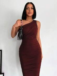 EURMUSE Váy midi trơn màu thanh lịch dành cho nữ - màu nâu - Xem 5