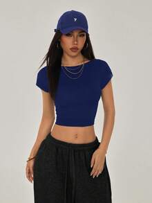 SHEIN PETITE 休闲纯色百搭小号黑色露背T恤，适合夏季 - 藏蓝色 - 查看 2