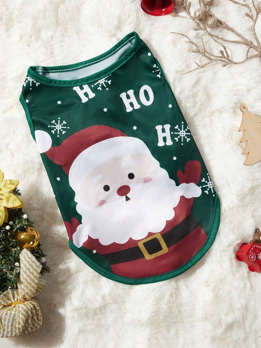 PETSIN 1件宠物圣诞老人“Ho Ho Ho”可爱图案印花绿色狗狗背心 - 綠色 - 查看 1