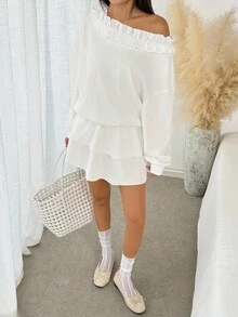 SHEIN LUNE New Women's Off Shoulder Ruffle Long Sleeve Loose Casual Hem Flounce Design Sweatshirt, Versatile For Spring/Autumn Vacation And Daily Wear, Suitable For Young Ladies