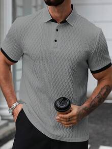 Manfinity Homme Men's Contrast Color Casual Short Sleeve Polo Shirt Grey Knit Short Sleeve Polo Mens Grey Knit Polo Mens Short Sleeve Grey Polo Mens Textured Polo Shirt Men Knit Polo Shirt