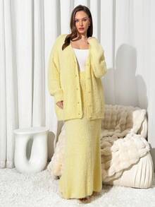 Auralis Plus Size Women Solid Color Long Sleeve Single-Breasted Knitted Cardigan And Knitted A-Line Skirt Casual Suit, Yellow Plus Size Spring - Yellow - View 6
