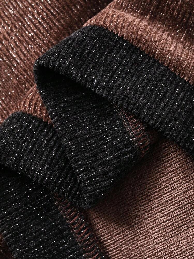 Autumn/Winter Textured Striped Shiny Sequin Contrast Color Block Fashionable Brown Cropped Top And Fitted Skirt 2 Pieces Set For Women