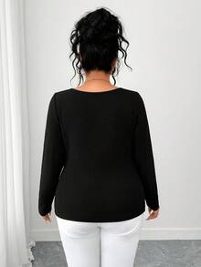 Elenzga Plus Size Women Asymmetrical Textured Fabric T-Shirt - Black - View 2