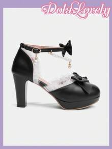 Dola Lovely Zapatos de tacón alto estilo Lolita con decoración de perla y lazo, zapatos de plataforma de punta redonda estilo princesa dulce para mujer - Negro - Ver 6