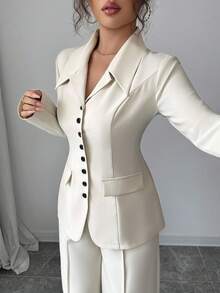 Elenzga 女士杏色厚面料V领西装外套设计黑色撞色纽扣假口袋教师制服优雅职业装，感恩节万圣节氛围，秋季新款时尚必备高端端庄长袖收腰宽松直筒裤两件套 - 杏色 - 查看 3