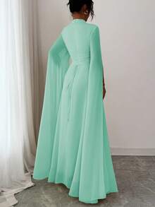 Elenzga 女士优雅法式浪漫度假风沙滩裙，雪纺透明面料，镂空领口，后背交叉系带，喇叭长裙，长袖，开衩袖口，适合下午茶、派对、中东风格、春夏季 - 薄荷綠 - 查看 2