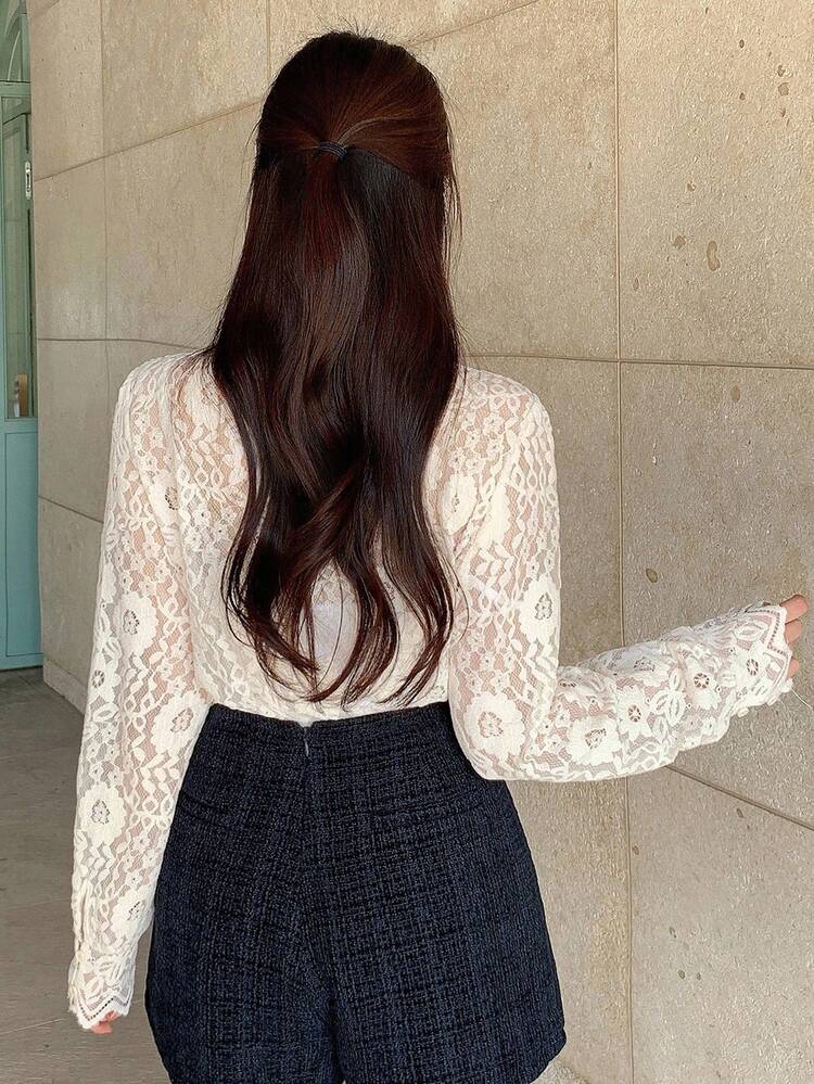 Solid Color Fitted Lace Trim Collar Long Sleeve Elegant Vintage Women Blouse, Autumn/Winter