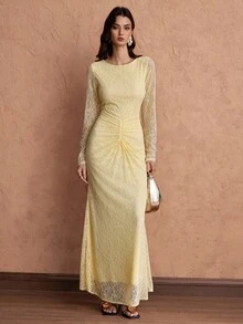 Islaluna Robe ajustée élégante en dentelle froncée pour femmes