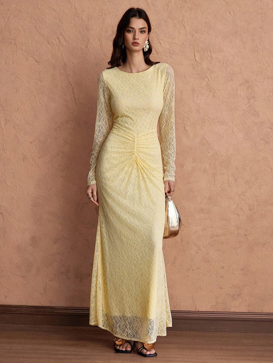 Islaluna Robe ajustée élégante en dentelle froncée pour femmes