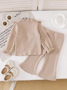 2 Stücke Baby Mädchen bequemes, lässiges Strick-Textil-Set mit Rüschen, Schleifen-Dekor, Langarm-Top und weitem Bein-Hose, geeignet für Frühling, Herbst & Winter Alltagsmode