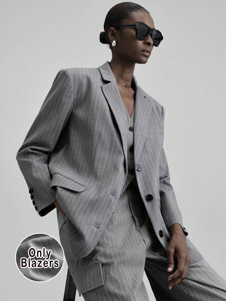2025 Modern Urban Women's Blazer,Gray Striped Oversized Loose Fit,Business Casual Office Wear,Summer Minimalist Old Money Style,High-End Commute Coat