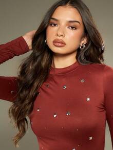 MISSGUIDED Studded Long Sleeve Mini Bodycon Dress Western Cowgirl Statement Belt Winter Fall Holiday Party Clubwear Stretch Fit - Maroon - View 5