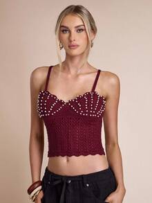 SHEIN BAE Women's Faux Pearl Strap Hollow Design Cropped Knit Top - Burgundy - View 3