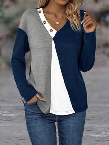 EMERY ROSE Áo thun hở vai họa tiết nút bấm phối màu dành cho nữ - Xám - Xem 5