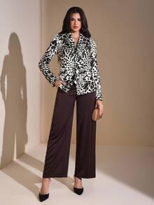 JIAN LASALA 豹纹披肩领系带长袖缎面女式衬衫，秋季优雅穿搭，猎豹纹印花，适合女士外出、派对、冬季婚礼宾客等场合，尽显奢华时尚。 - 彩色 - 查看 4