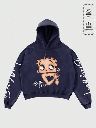 Betty Boop | ROMWE Sweat-shirt à capuche ample et délavé avec motif de lettres et de chiffres pour hommes, idéal pour l'automne