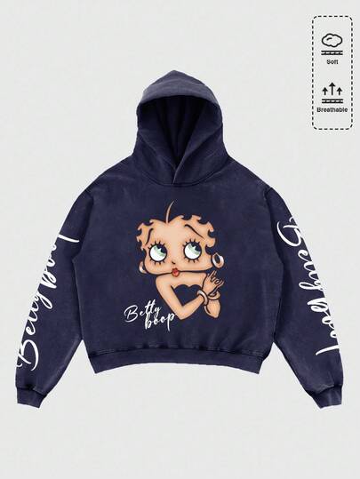 Betty Boop | ROMWE Herren Herbst Buchstaben & Ziffern Grafik Washed Loose Fit Hoodie