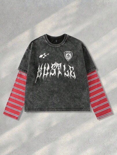 Street Life Men's Striped Patchwork 2 In 1 Printed Washed T-Shirt, Loose Short Style, Fall