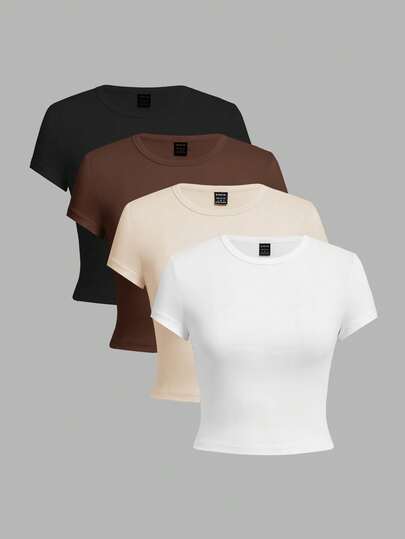SHEIN EZwear Solid Color Cropped Round Neck Short Sleeve Fitted Women T-Shirt Summer House Everyday Black Chocolate Brown Beige White Minimalist Modest