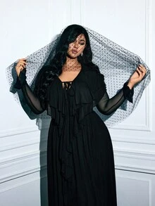 Viva Relle Plus Size Fashion Ruffle Trim Long Sleeve Tie Waist Dress - Black - View 5