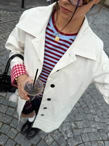 INAWLY Khaki Mid-Length Trench Coat With Contrast Plaid Pattern For Women - Khaki - View 5
