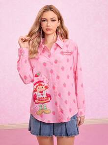 Strawberry Shortcake X SHEIN 女士休闲乡村风格可爱卡通人物和草莓印花宽松落肩长袖衬衫，春秋 - 粉色 - 查看 3